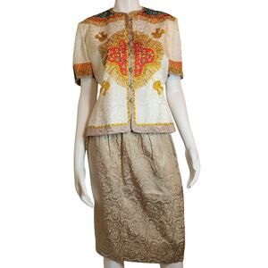 VTG Adrianna Papell Silk Baroque 2 Piece Skirt Set Cream Gold Jacquard Size 10